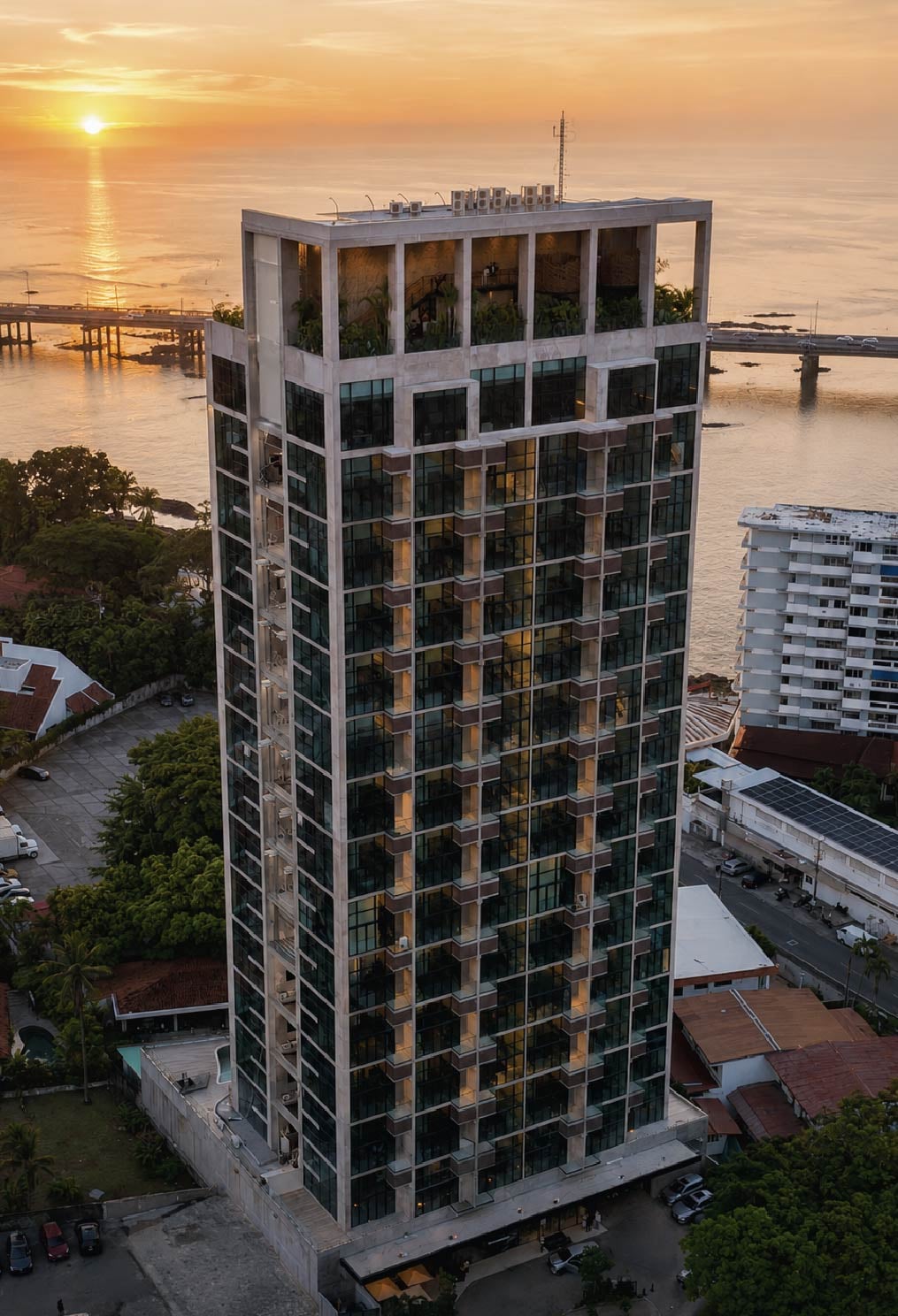 Dovle Selva — developer photograph of the tower exterior at sunset